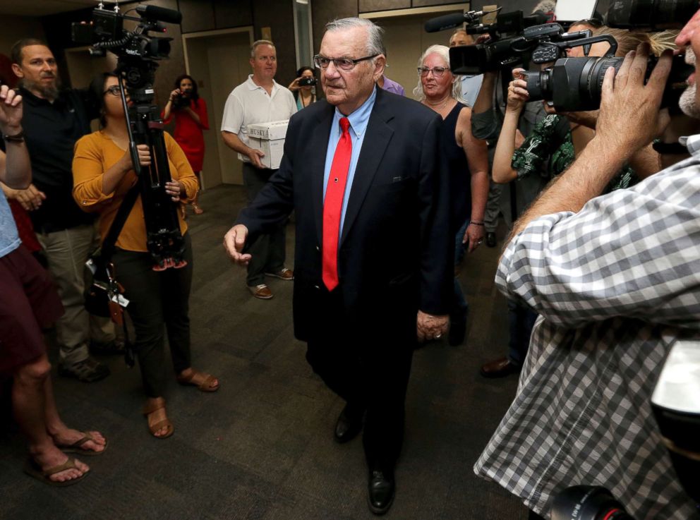 PHOTO: Former Arizona Sheriff Joe Arpaio arrives at the Arizona Secretary of State's office in Phoenix, to turn in petition signatures in his bid to appear on the ballot in the race to succeed retiring U.S. Sen. Jeff Flake, May 22, 2018. 