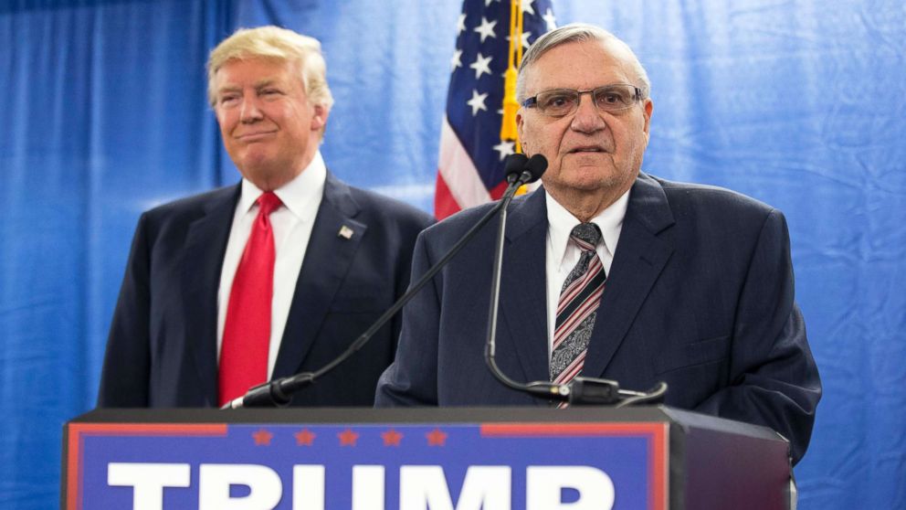 PHOTO: In this Jan. 26, 2016 file photo, Republican presidential candidate Donald Trump, left, is joined by Maricopa County, Ariz., Sheriff Joe Arpaio during a new conference in Marshalltown, Iowa.