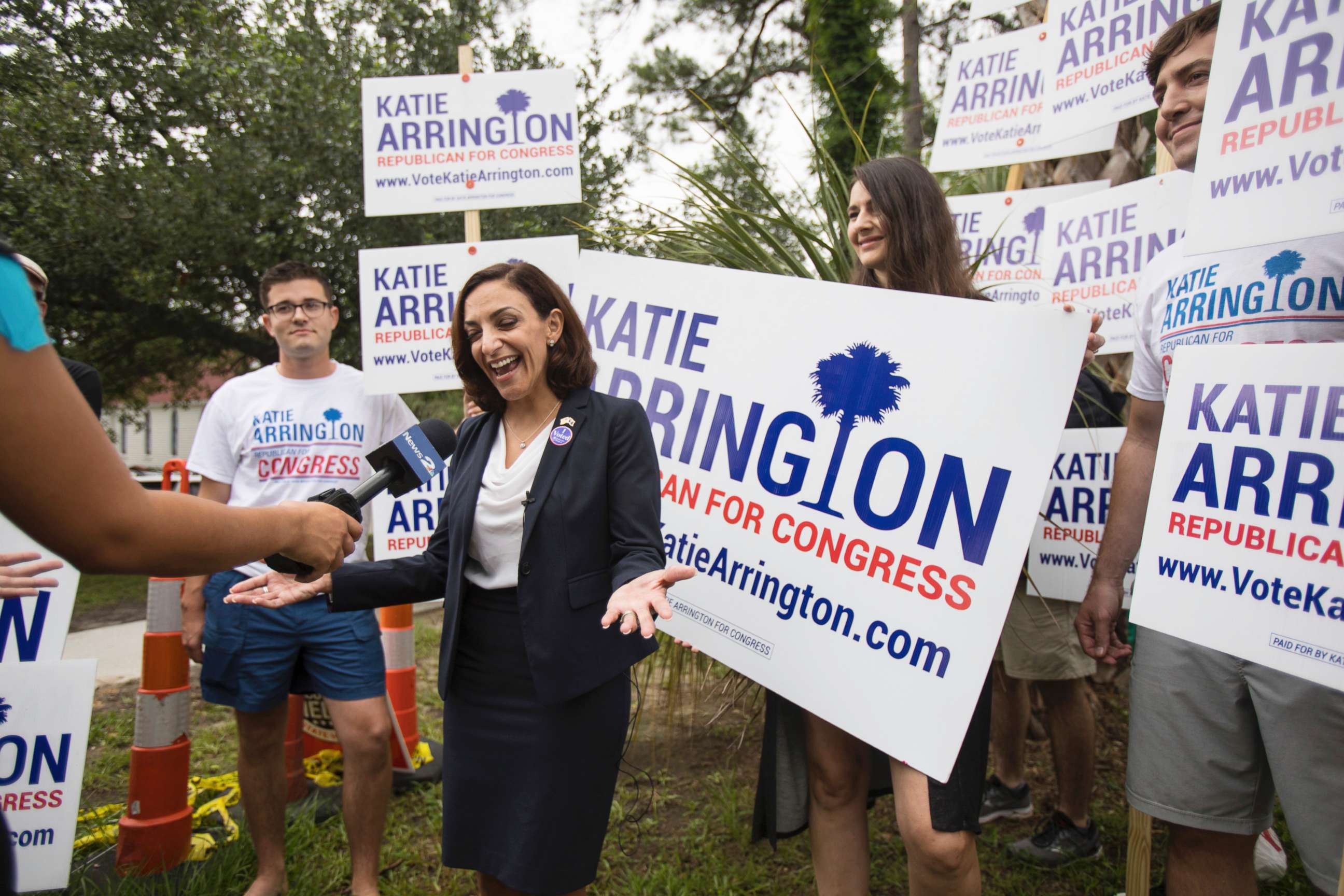 PHOTO: South Carolina Rep. Katie Arrington, who is running for the first district of South Carolina, campaigns after voting in the primary election on June 12, 2018 at Bethany United Methodist Church in Summerville, South Carolina. 