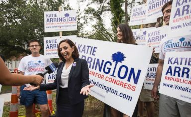 PHOTO: South Carolina Rep. Katie Arrington, who is running for the first district of South Carolina, campaigns after voting in the primary election on June 12, 2018 at Bethany United Methodist Church in Summerville, South Carolina.