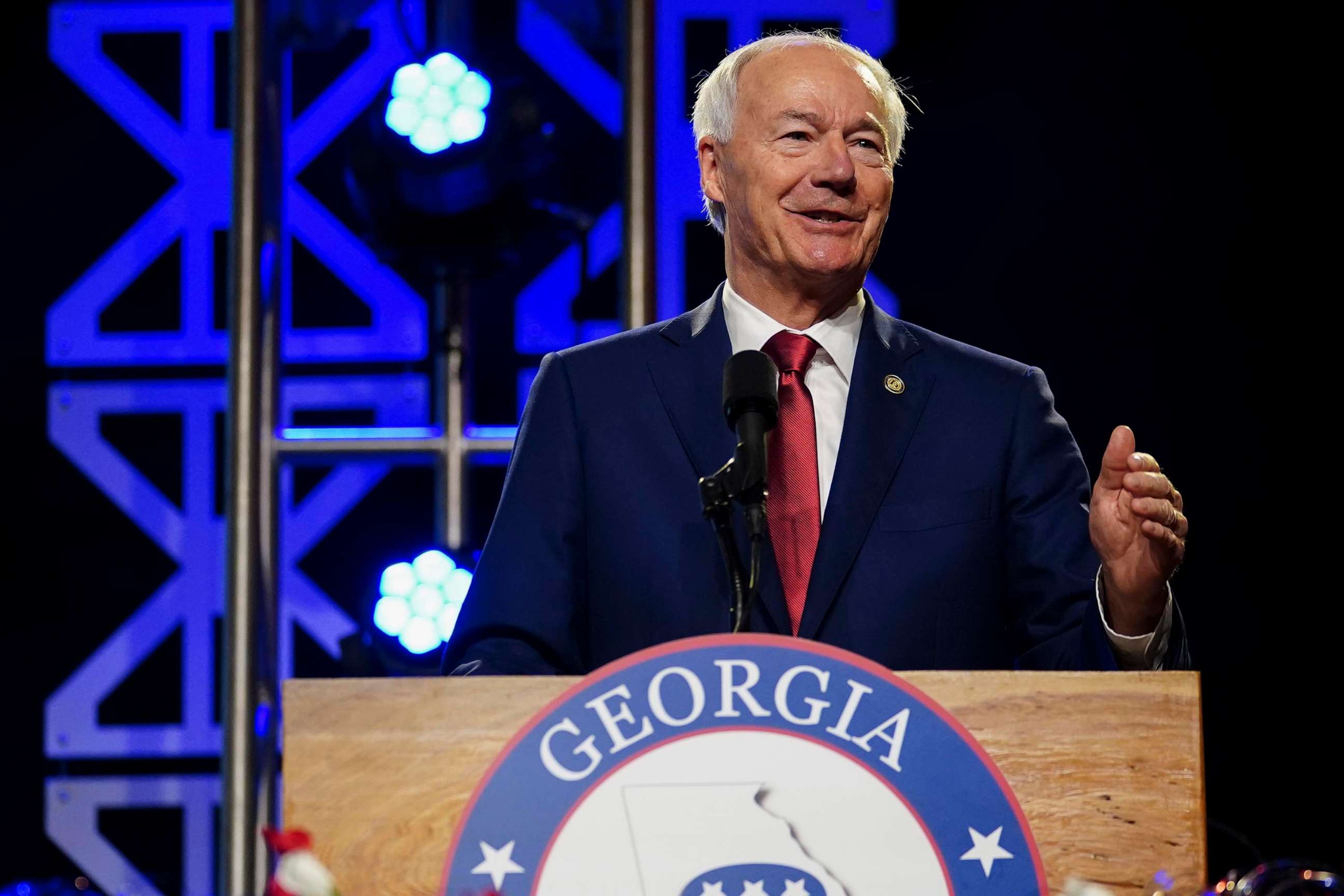 PHOTO: Former Arkansas Gov. Asa Hutchinson speaks to attendees at the Georgia Republican convention, on June 10, 2023, in Columbus, Ga.