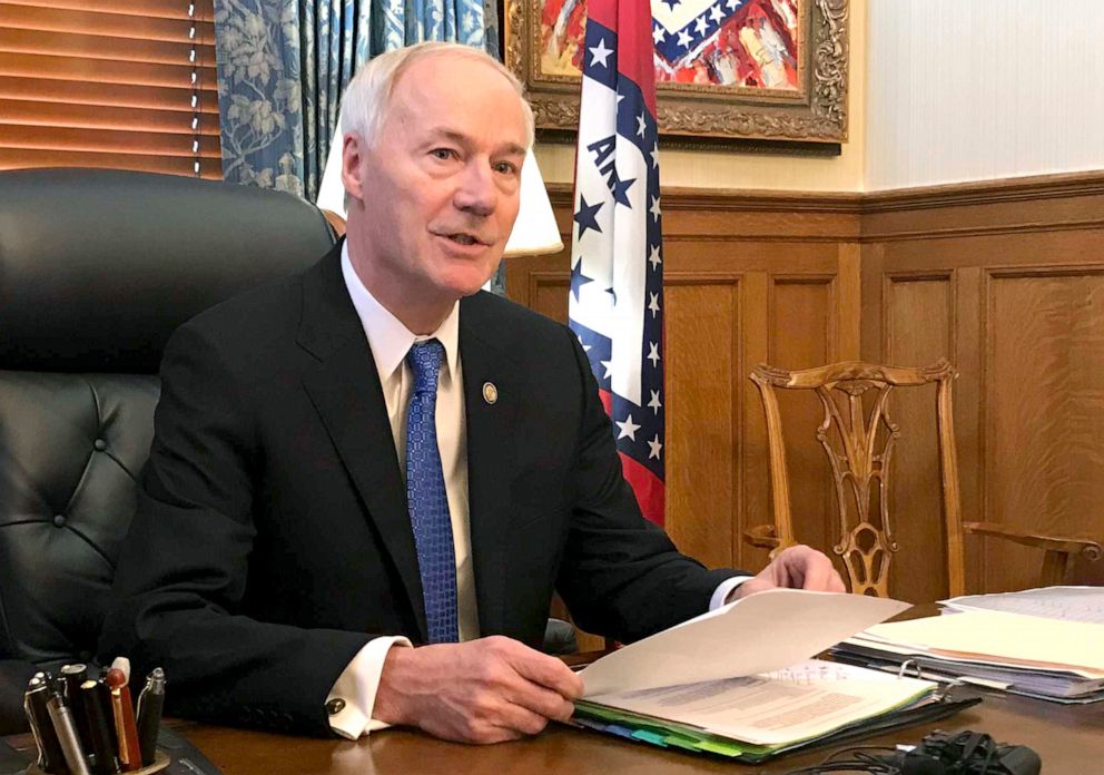 PHOTO: Arkansas Gov. Asa Hutchinson speaks to reporters in his office at the state Capitol in Little Rock, Ark., April 10, 2019.