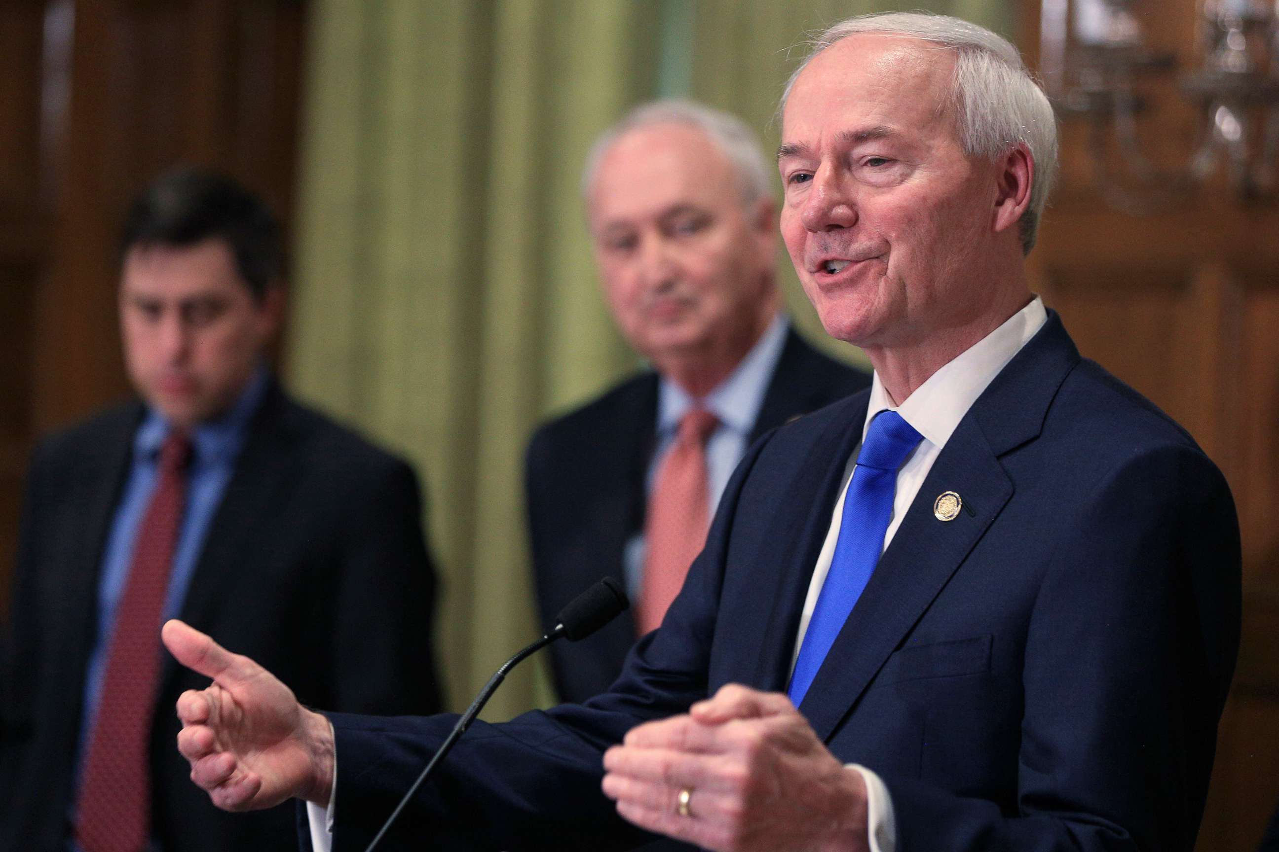 PHOTO: In this March 23, 2020, file photo, Gov. Asa Hutchinson speaks in Little Rock, Ark. 