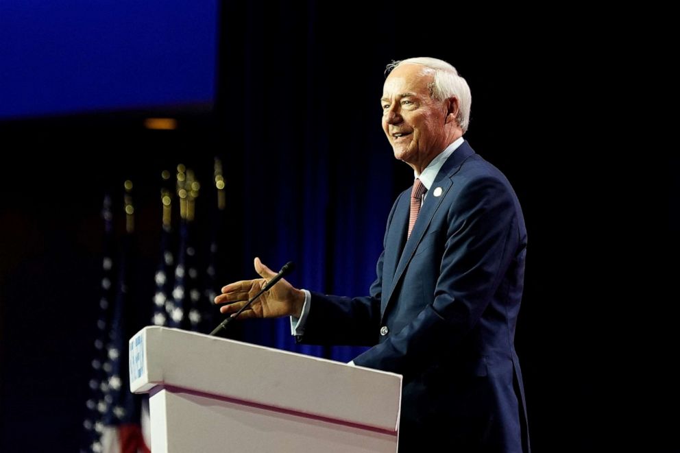 PHOTO: Republican presidential candidate former Arkansas Gov. Asa Hutchinson addresses The Faith and Freedom Coalition's 2023 "Road to Majority" conference in Washington, June 23, 2023.