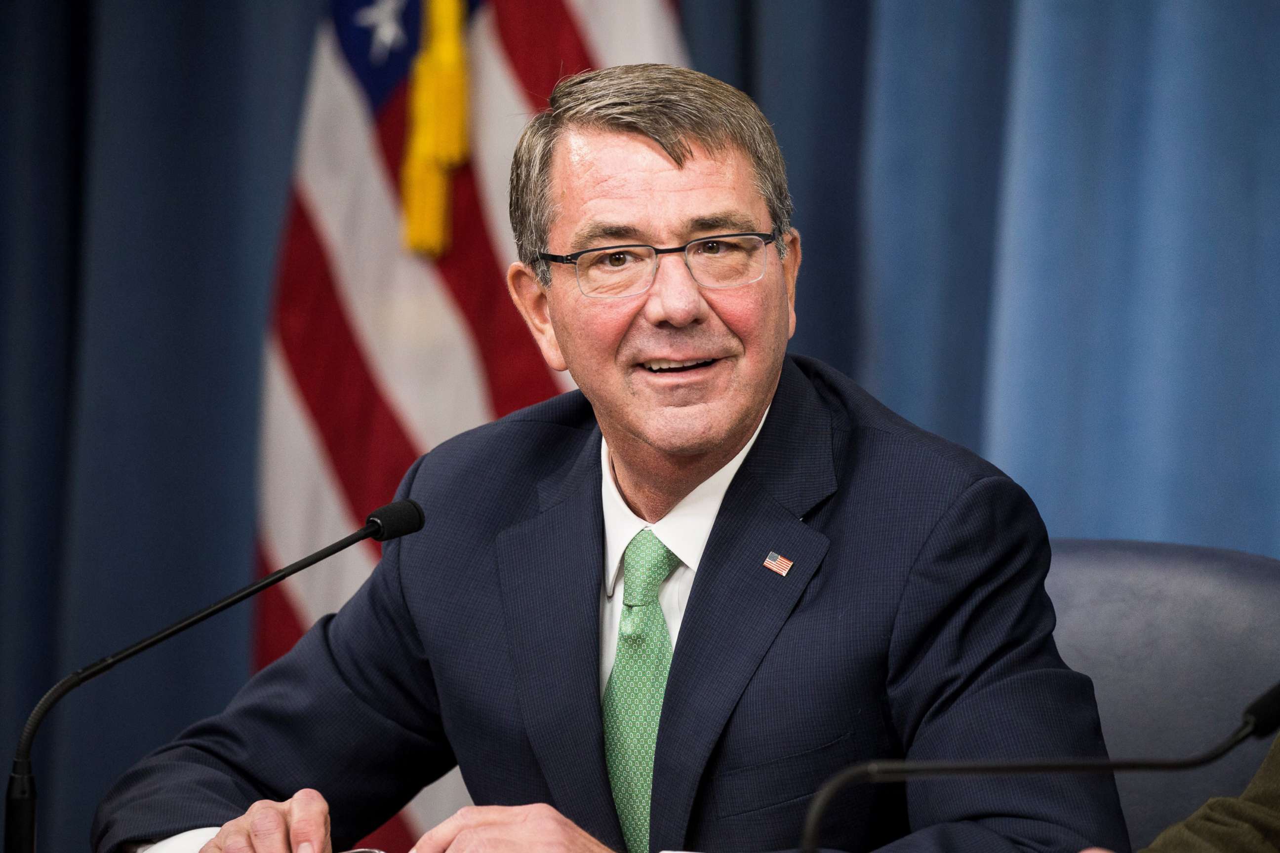 PHOTO: Secretary of Defense Ashton Carter answers questions during a press briefing at the Pentagon, July 25, 2016.