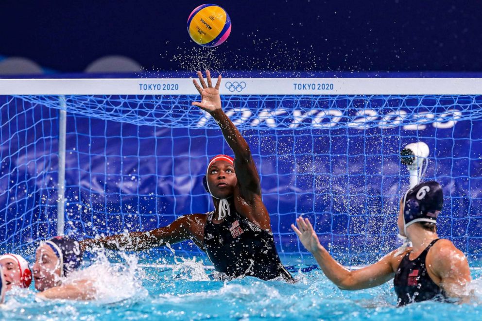 PHOTO: In this Aug. 3, 2021, file photo, Ashleigh Johnson of the United States is shown during the Tokyo 2020 Olympic Waterpolo Tournament women's quarterfinal match between Canada and United States at Tatsumi Waterpolo Centre in Tokyo.