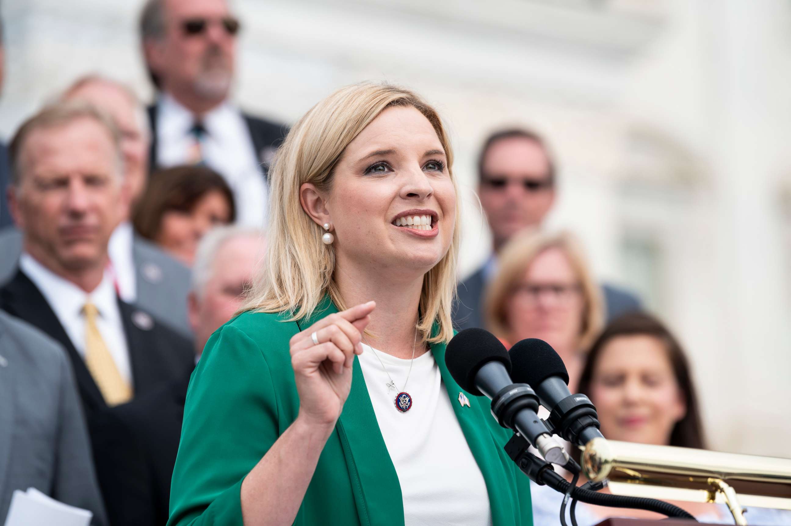 PHOTO: Ashley Hinson speaks during the holds the House Republican caucus news conference on the House steps of the Capitol, July 29, 2021.