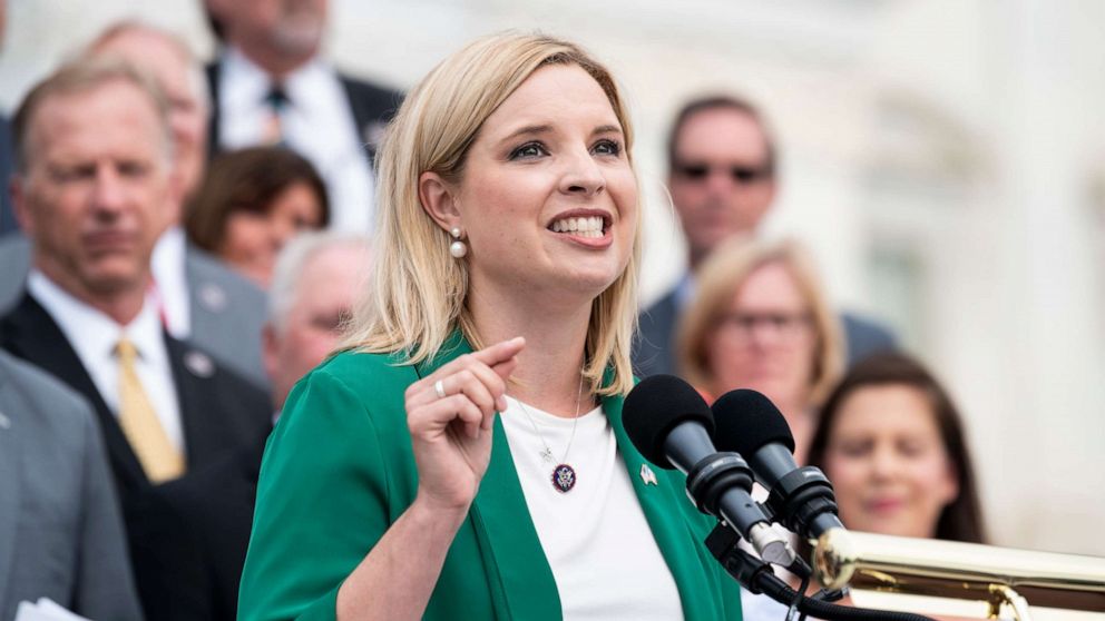 PHOTO: Ashley Hinson speaks during the holds the House Republican caucus news conference on the House steps of the Capitol, July 29, 2021.