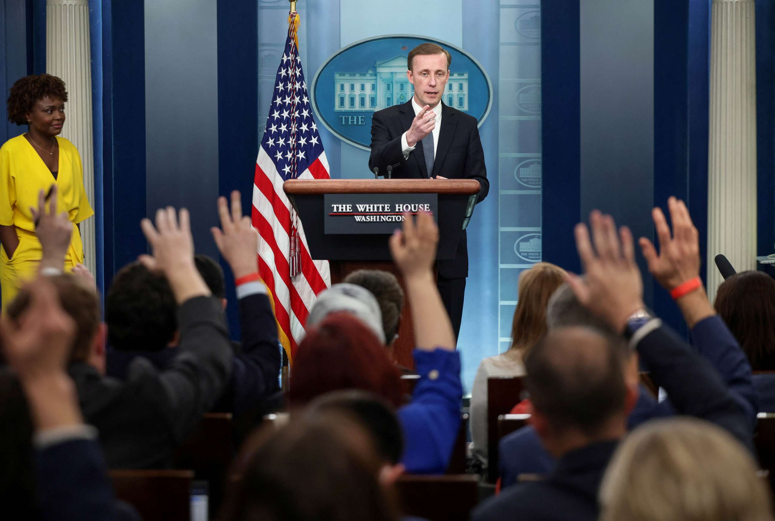 PHOTO: National Security Advisor Jake Sullivan answers questions while Press Secretary Karine Jean-Pierre looks on, during the daily media briefing at the White House in Washington, May 18, 2022.