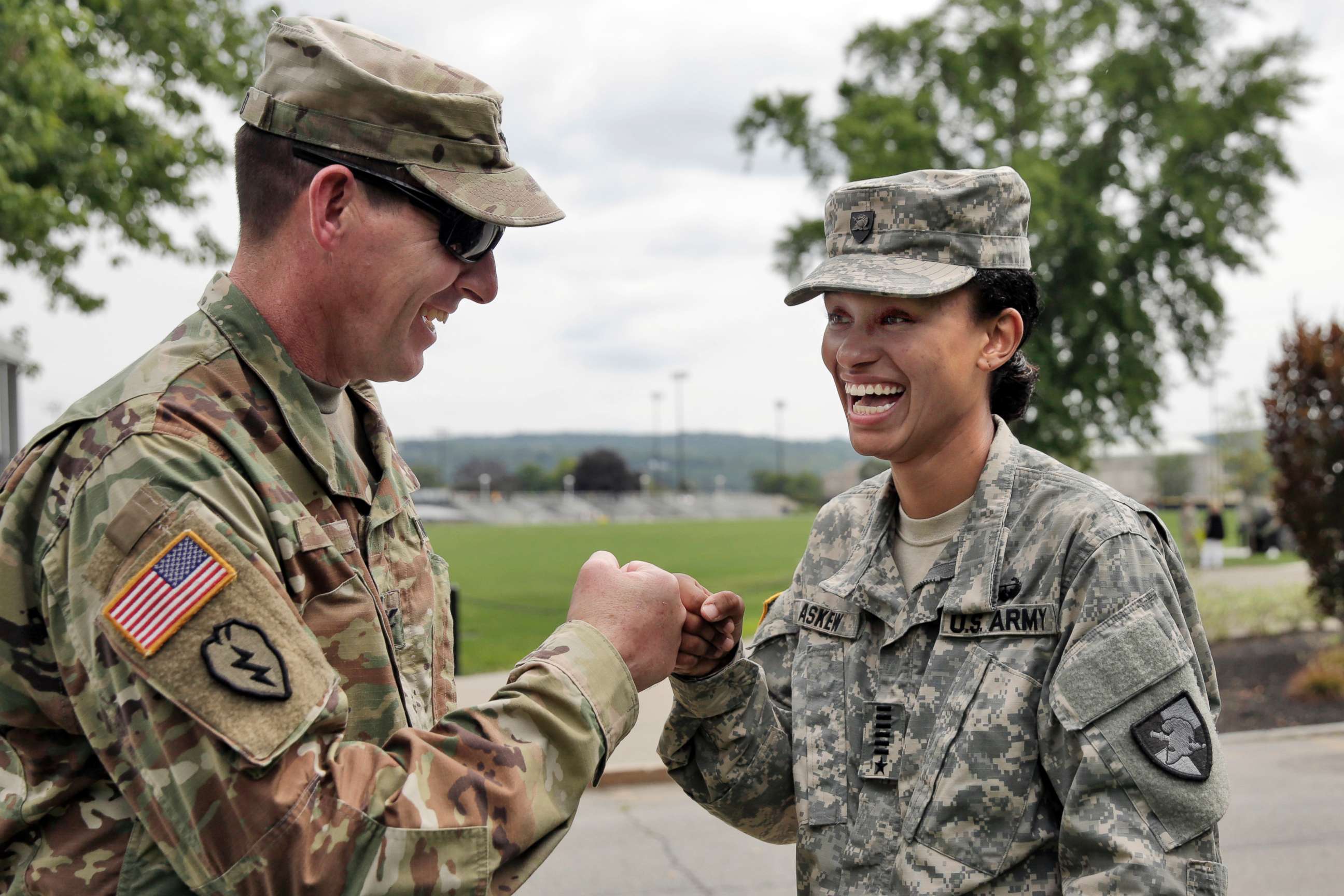 PHOTO: Cadet Simone Askew, right, talking with Brigade Tactical Officer Col. Brian Reed, has been selected first captain of the Corps of Cadets for the upcoming academic year at the U.S. Military Academy in West Point, N.Y.