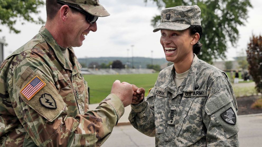 PHOTO: Cadet Simone Askew, right, talking with Brigade Tactical Officer Col. Brian Reed, has been selected first captain of the Corps of Cadets for the upcoming academic year at the U.S. Military Academy in West Point, N.Y.