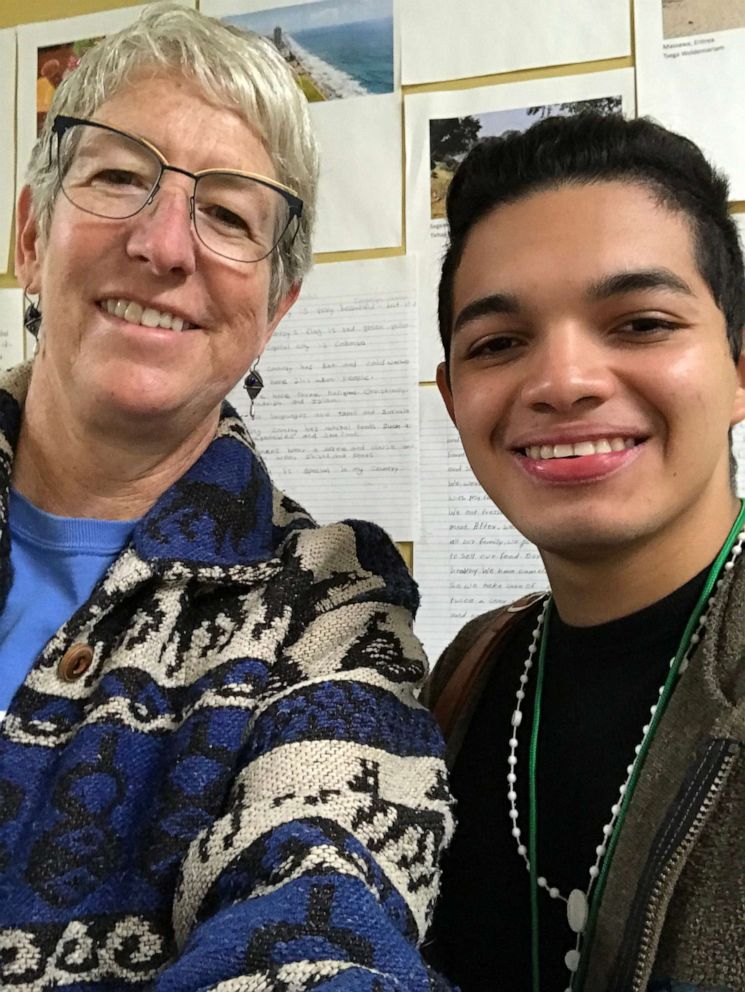 PHOTO: Margaret Bobb, one of the people willing to sponsor Darwin, and Oscar Juarez Hernandez, Darwin's partner, after Oscar's first day of English classes.