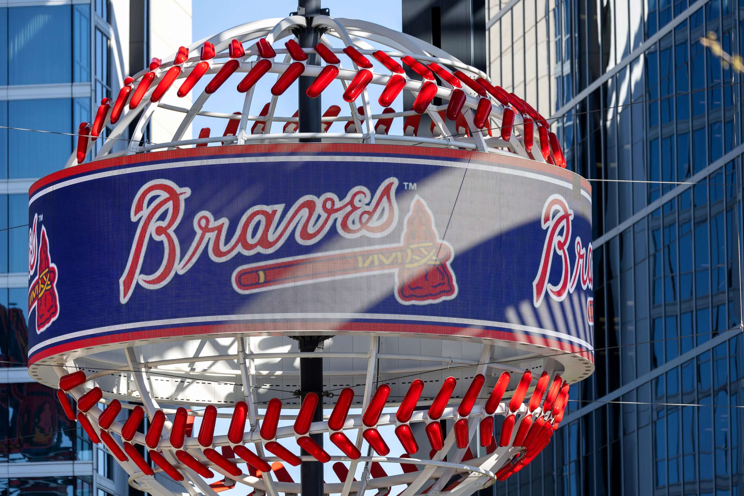 PHOTO: Decorations and Braves logos are seen outside of Truist Park in Atlanta, April 2, 2021 after the MLB announced the All Star Game would no longer be hosted in the city because of recent voting legislation.
