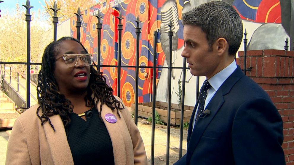 PHOTO: ABC News' Devin Dwyer talks with New Georgia Project Executive Director Nse Ufot about impeachment and the Democratic presidential primary, Nov. 17, 2019.