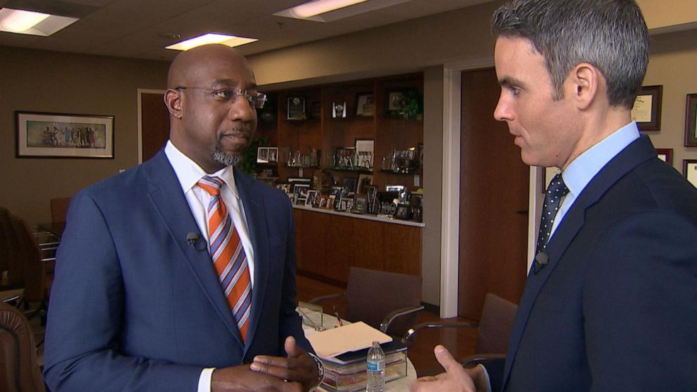 PHOTO: ABC News' Devin Dwyer talks with Ebenezer Baptist Church's Senior Pastor Dr. Raphael Warnock about the Democratic presidential primary, Nov. 17, 2019.