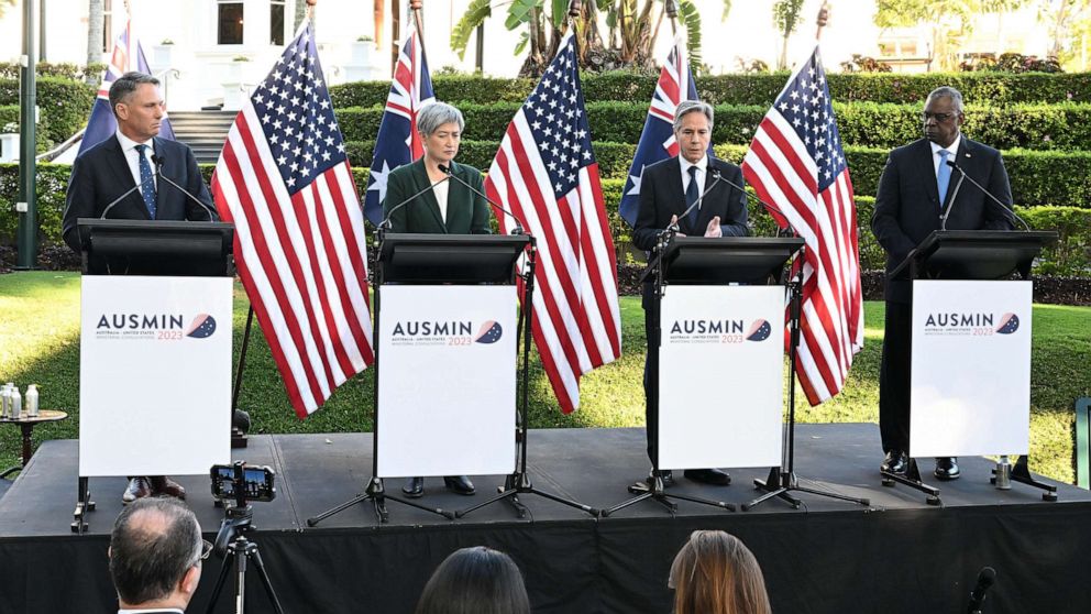 PHOTO: (L-R) Australian Defence Minister Richard Marles, Australian Foreign Minister Penny Wong, US Secretary of State Antony Blinken and US Defence Secretary Lloyd Austin attend a press conference in Brisbane, Australia, July 29, 2023.