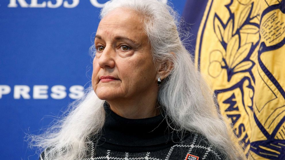 PHOTO: Debra Tice, the mother of detained journalist Austin Tice, listens as she is introduced before speaking about her son's detention at the National Press Club in Washington, Jan. 27, 2020.