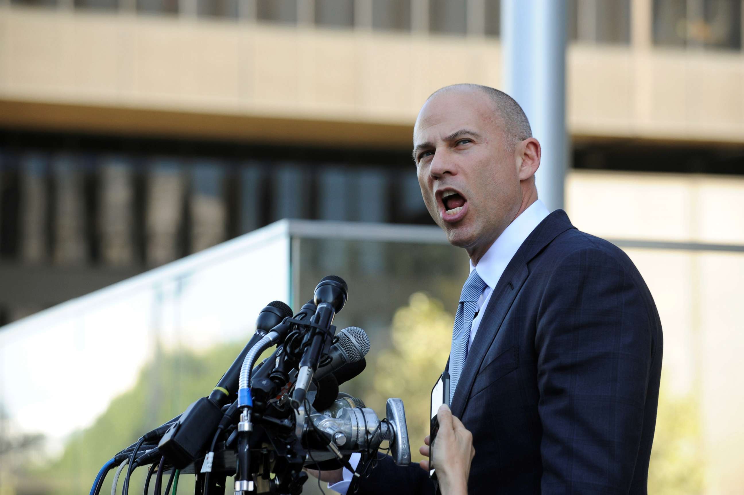 PHOTO: Lawyer Michael Avenatti speaks to the media outside the U.S. District Court in Los Angeles, Sept. 24, 2018.