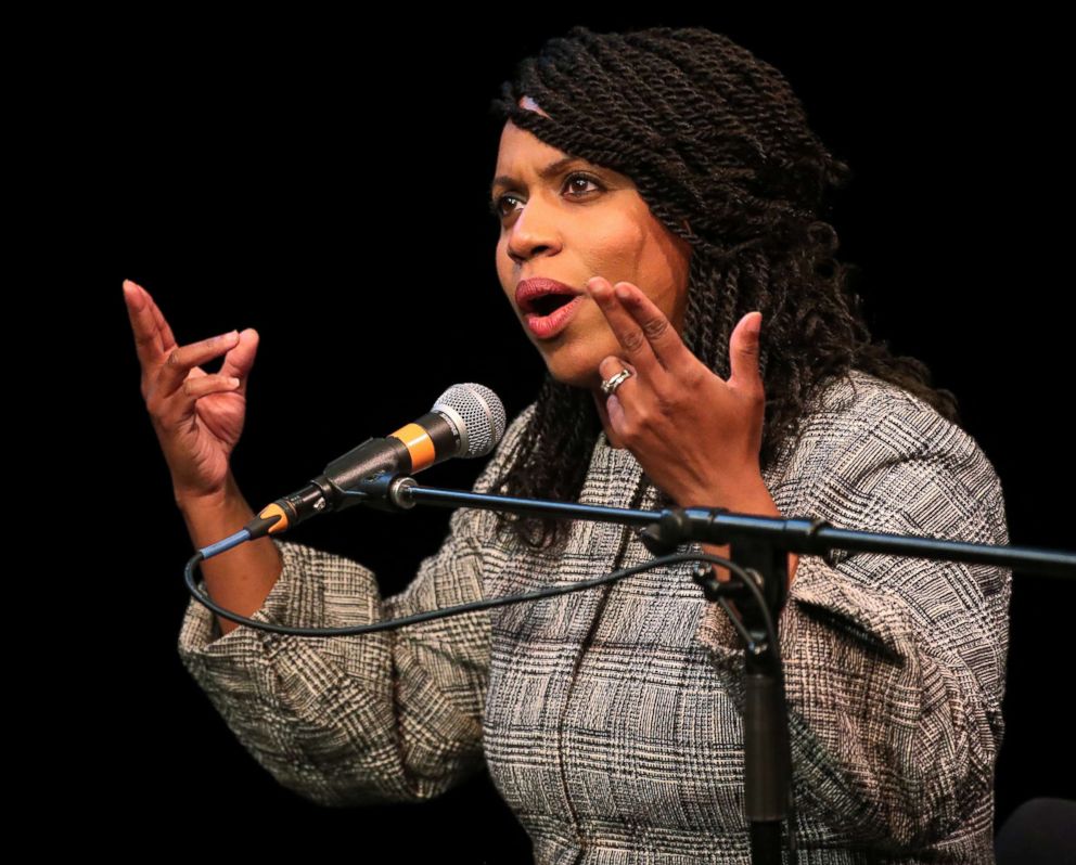 PHOTO: Boston City Councilor Ayanna Pressley speaks at a congressional forum in the Greene Theater at Emerson College in Boston on April 3, 2018.