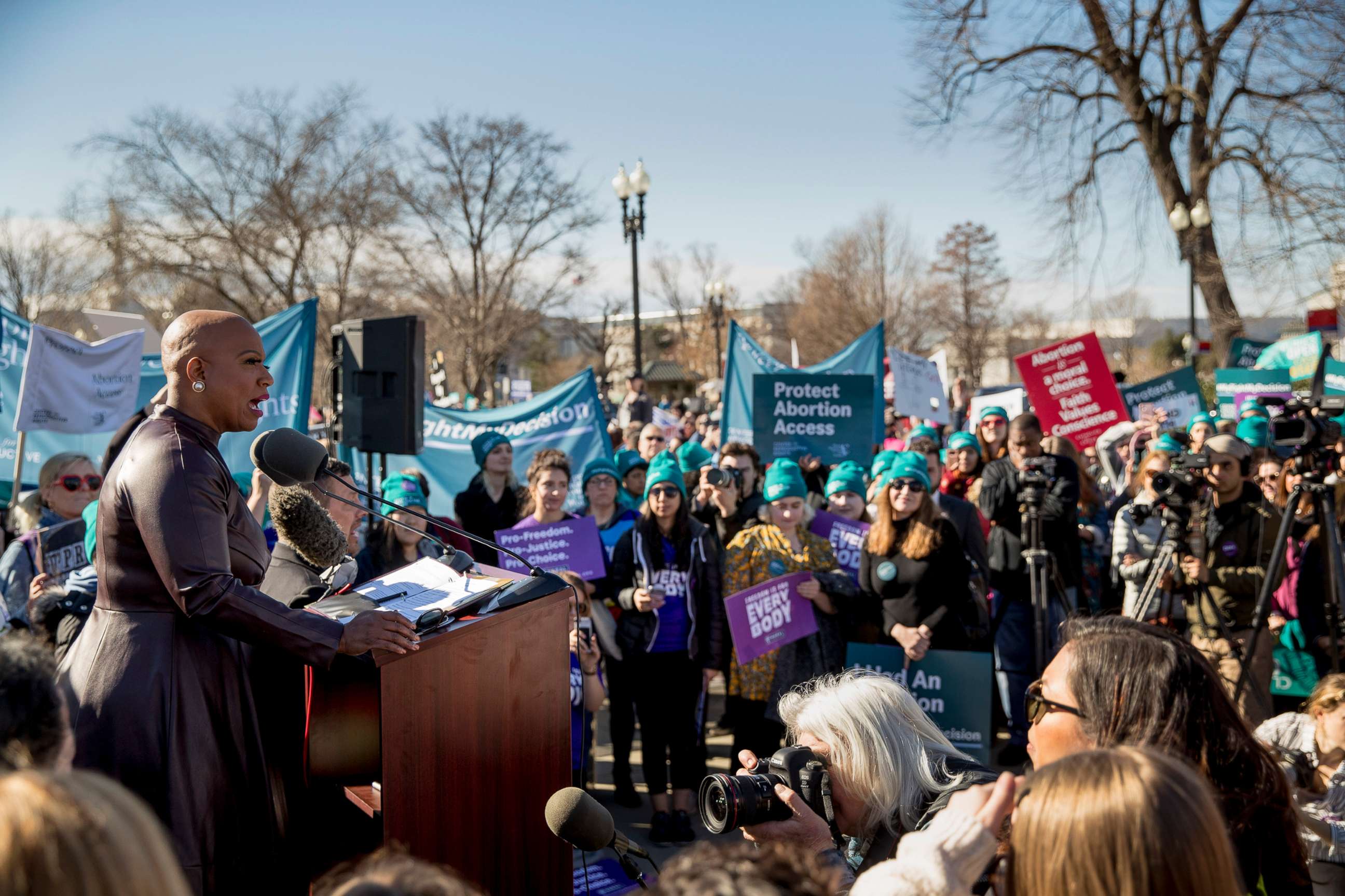 PHOTO: Rep. Ayanna Pressley, left, speaks at an abortion rights rally outside the Supreme Court, in Washington, D.C., March 4, 2020, as the court takes up the first major abortion case of the Trump era.