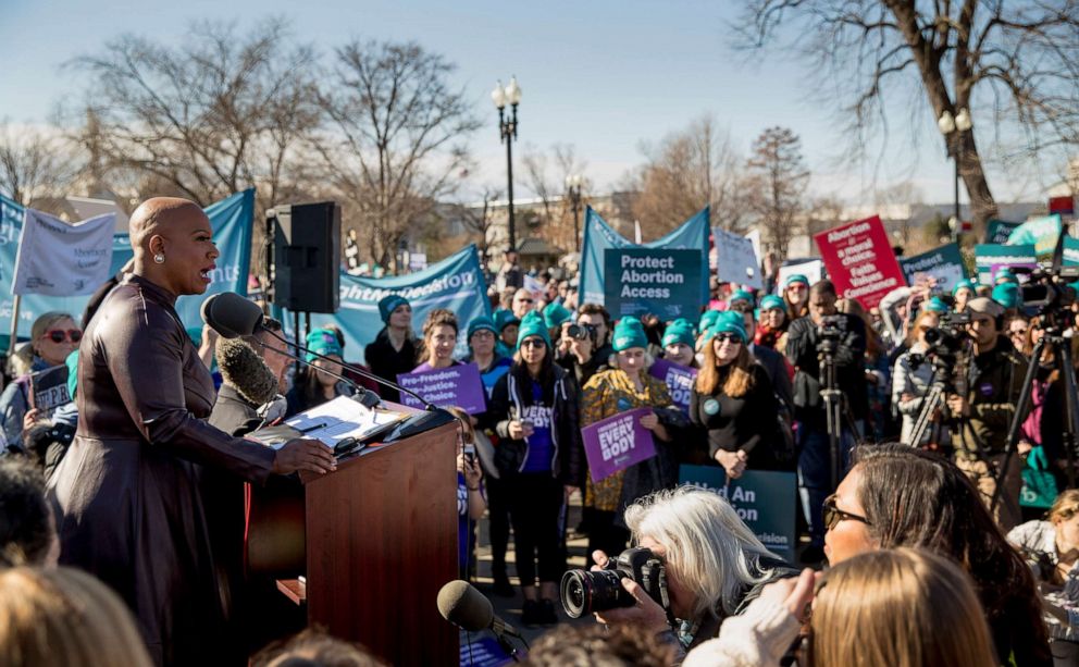 PHOTO: Rep. Ayanna Pressley, left, speaks at an abortion rights rally outside the Supreme Court, in Washington, D.C., March 4, 2020, as the court takes up the first major abortion case of the Trump era.