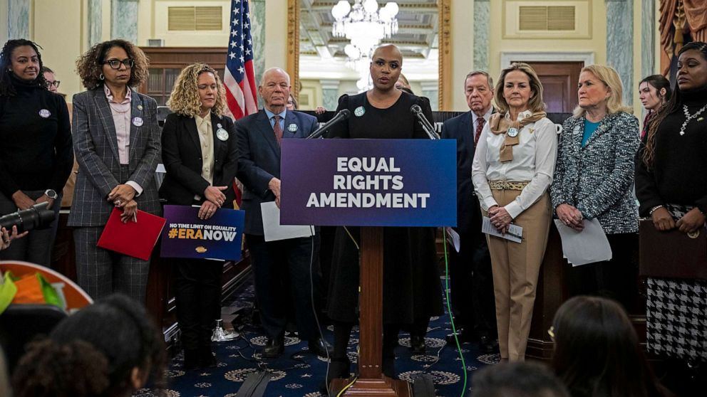 PHOTO: FILE - Rep. Ayanna Pressley speaks during a news conference to announce a joint resolution to affirm the ratification of the Equal Rights Amendment on Capitol Hill, Jan. 31, 2023 in Washington, DC.