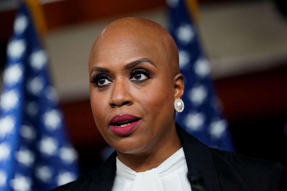 PHOTO: Rep. Ayanna Pressley, D-Mass., speaks to reporters about stripping Rep. Lauren Boebert, R-Colo., of her committee assignments in response to Boebert's anti-Muslim comments made toward Rep. Ilhan Omar, D-Minn., on Capitol Hill, Dec. 8, 2021.