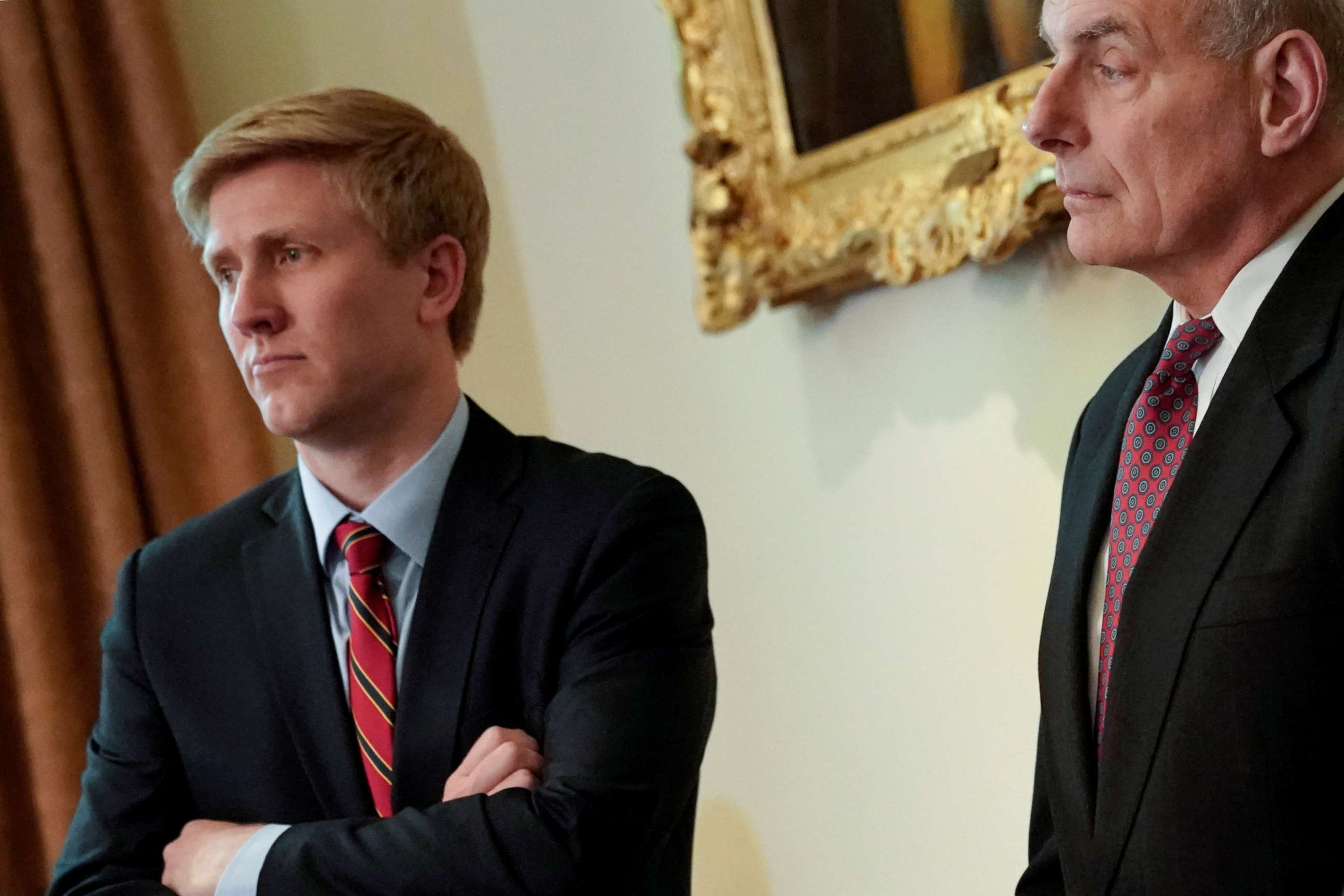 PHOTO: Nick Ayers (L), chief of staff to U.S. Vice President Mike Pence looks on as President Donald Trump holds a cabinet meeting at the White House, May 9, 2018. Picture taken May 9, 2018.