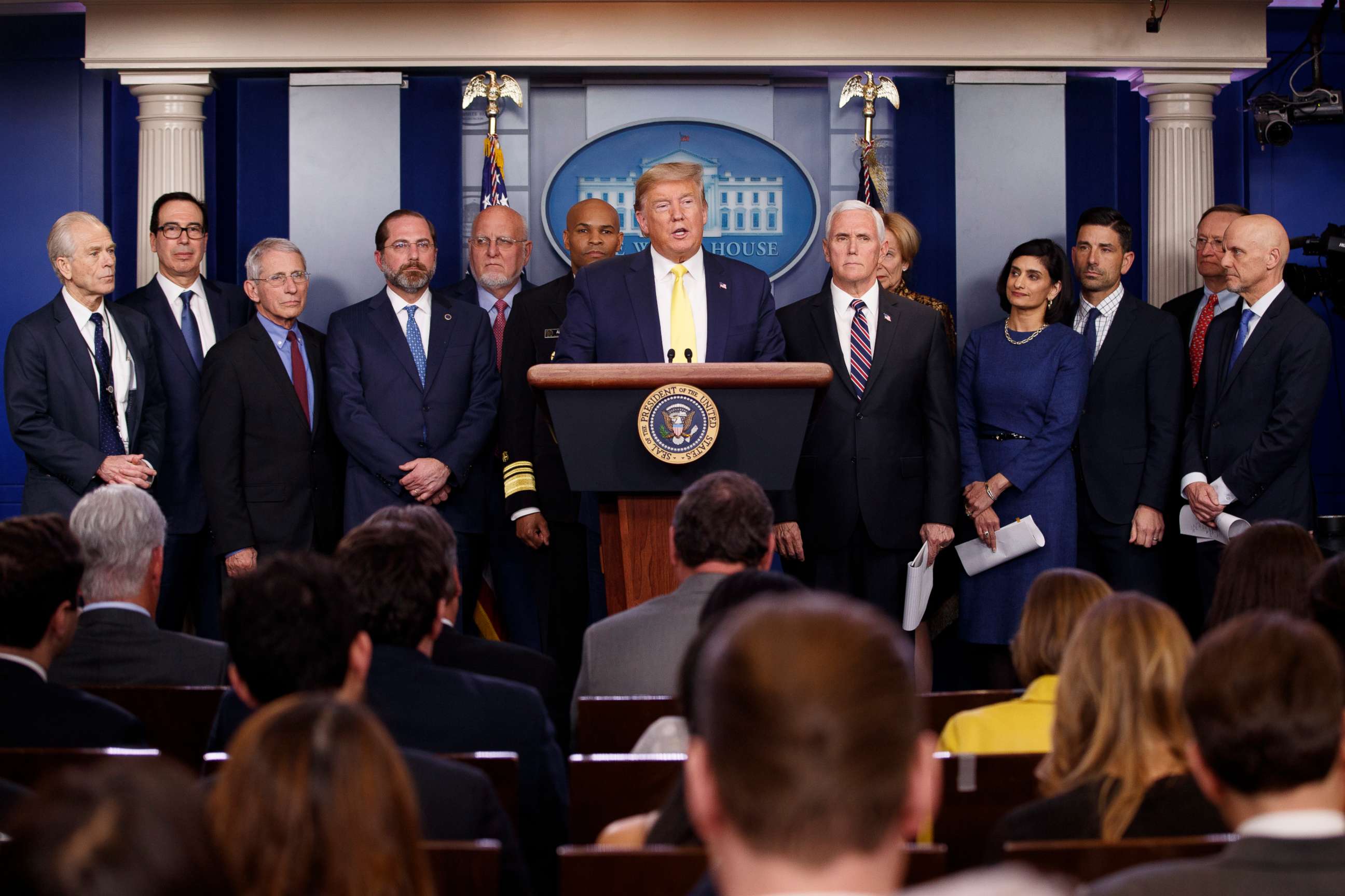 PHOTO: President Donald Trump speaks in the briefing room of the White House in Washington, Monday, March, 9, 2020, about the coronavirus outbreak.