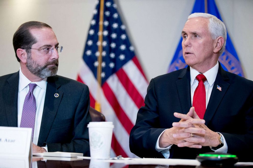 PHOTO: Vice President Mike Pence accompanied by Health and Human Services Secretary Alex Azar, left, speaks during a coronavirus task force meeting at the Department of Health and Human Services, Feb. 27, 2020, in Washington.