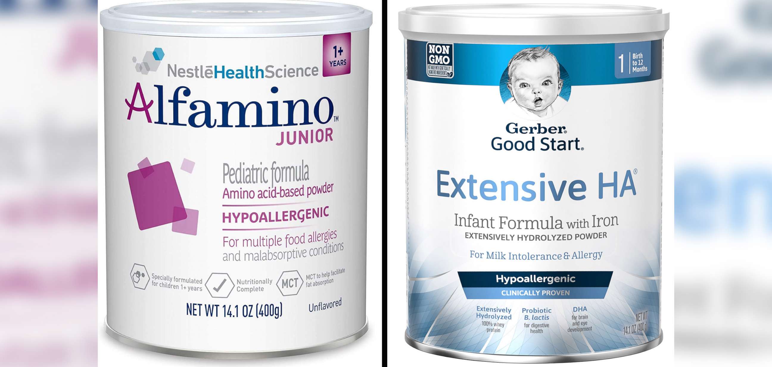 PHOTO: Nestle's Alfamino Junior and Gerber Good Start Extensive HA are two of the types of baby formula imported from Switzerland through operation Fly Formula amid the ongoing baby formula shortage.