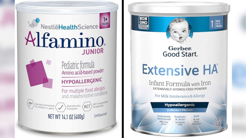 PHOTO: Nestle's Alfamino Junior and Gerber Good Start Extensive HA are two of the types of baby formula imported from Switzerland through operation Fly Formula amid the ongoing baby formula shortage.
