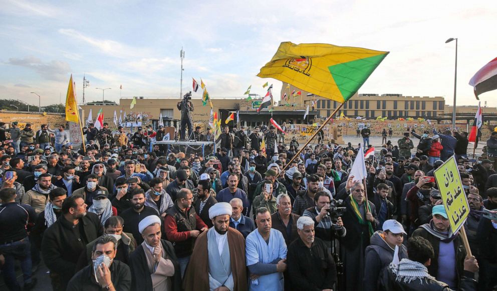 PHOTO: Supporters of Iraq's Hashed al-Shaabi paramilitary force protest outside the U.S. embassy in Baghdad, Jan. 1, 2020 to condemn the U.S. air strikes that killed 25 Hashed fighters over the weekend.