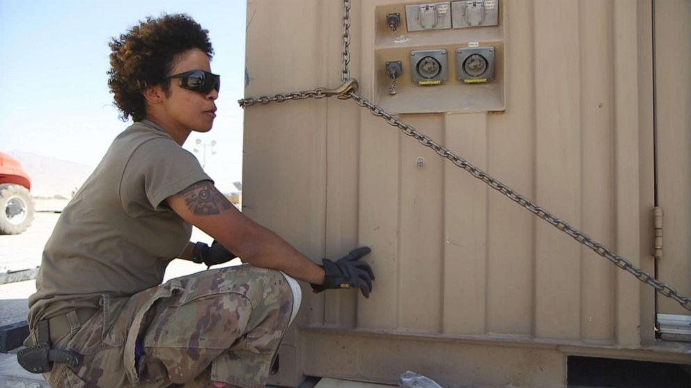PHOTO: Army Reserve Specialist Abigail Lopez participates in troop withdrawal operations at Bagram Air Base in Afghanistan in June 2021.