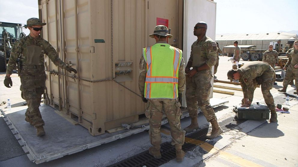 PHOTO: U.S. service members continue with troop withdrawal operations at Bagram Air Base in Afghanistan in June 2021.