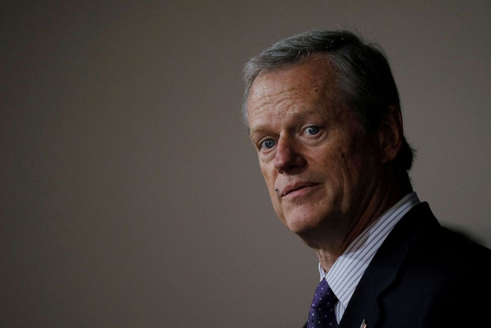 PHOTO: Massachusetts Governor Charlie Baker holds a news conference to announce that fifteen more states reached an agreement with Purdue Pharma LP, in Boston, July 8, 2021. 