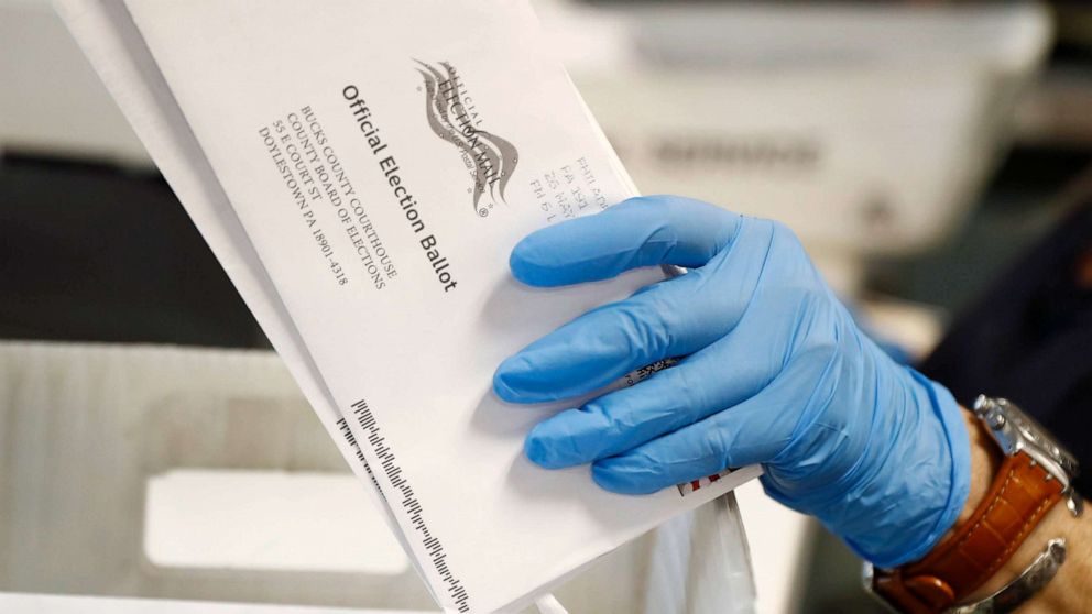 PHOTO: In this May 27, 2020 file photo, a worker processes mail-in ballots at the Bucks County Board of Elections office prior to the primary election in Doylestown, Pa.