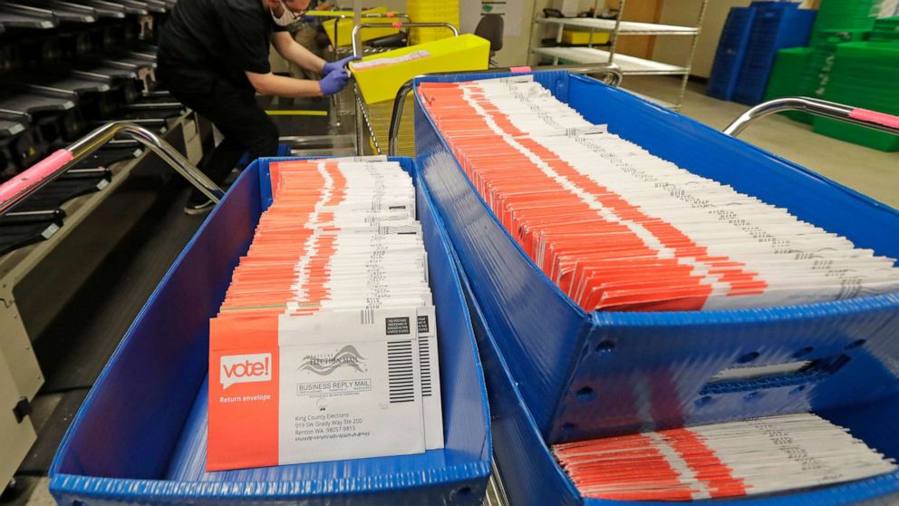 PHOTO: In this Aug. 5, 2020, file photo, vote-by-mail ballots are shown in sorting trays at the King County Elections headquarters in Renton, Wash.