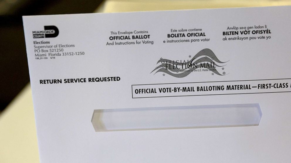 PHOTO: A vote-by-mail ballot envelope is shown to the media at the Miami-Dade Election Department headquarters, July 21, 2022, in Miami.