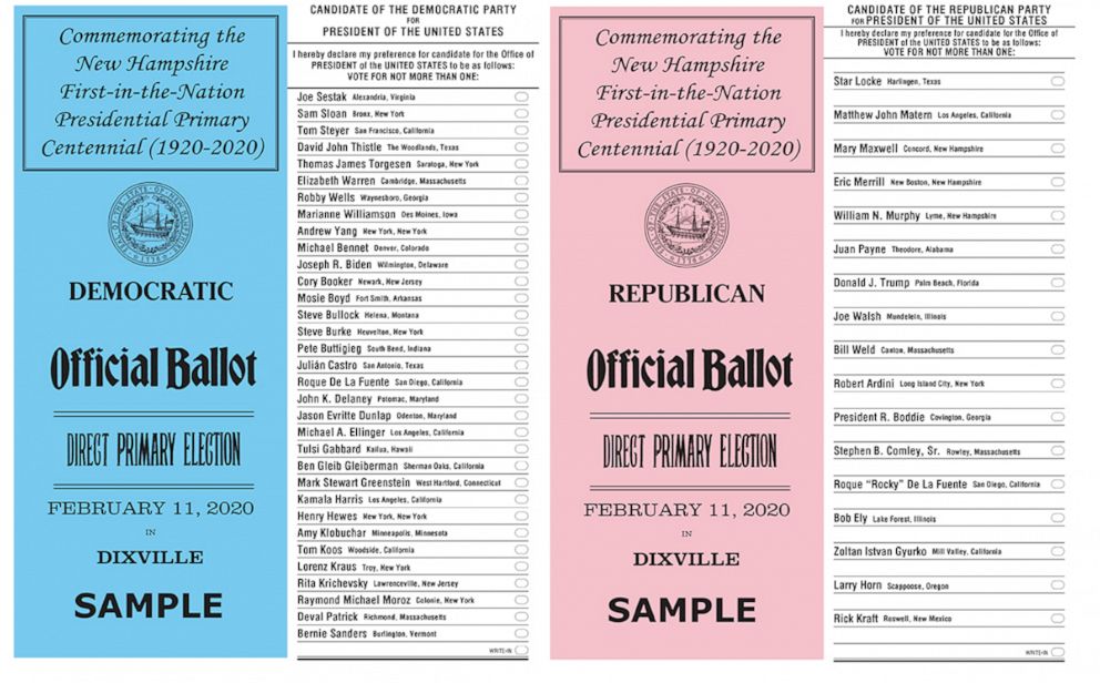 PHOTO: Sample ballots from Dixville Notch, NH showing presidential candidates ahead of the presidential primary in New Hampshire released by the Secretary of State's office.
