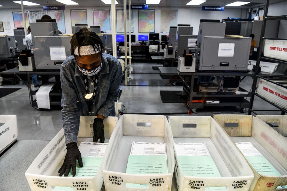 PHOTO: An electoral worker is seen during the vote-by-mail ballots scanning process at the Miami-Dade County Election Department in Miami, Oct. 21, 2020.