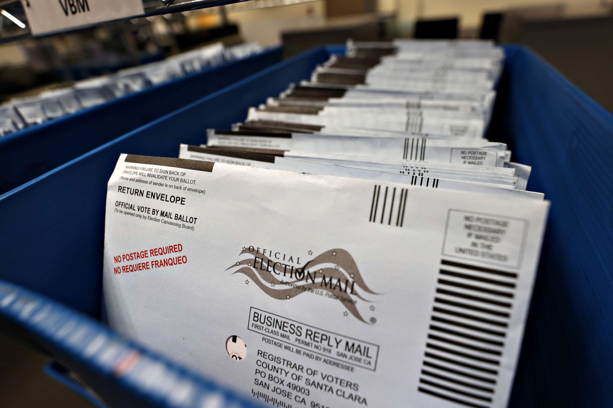 PHOTO: Mail-in ballots sit in trays before being sorted at the Santa Clara County registrar of voters office on Oct. 13, 2020, in San Jose, Calif.