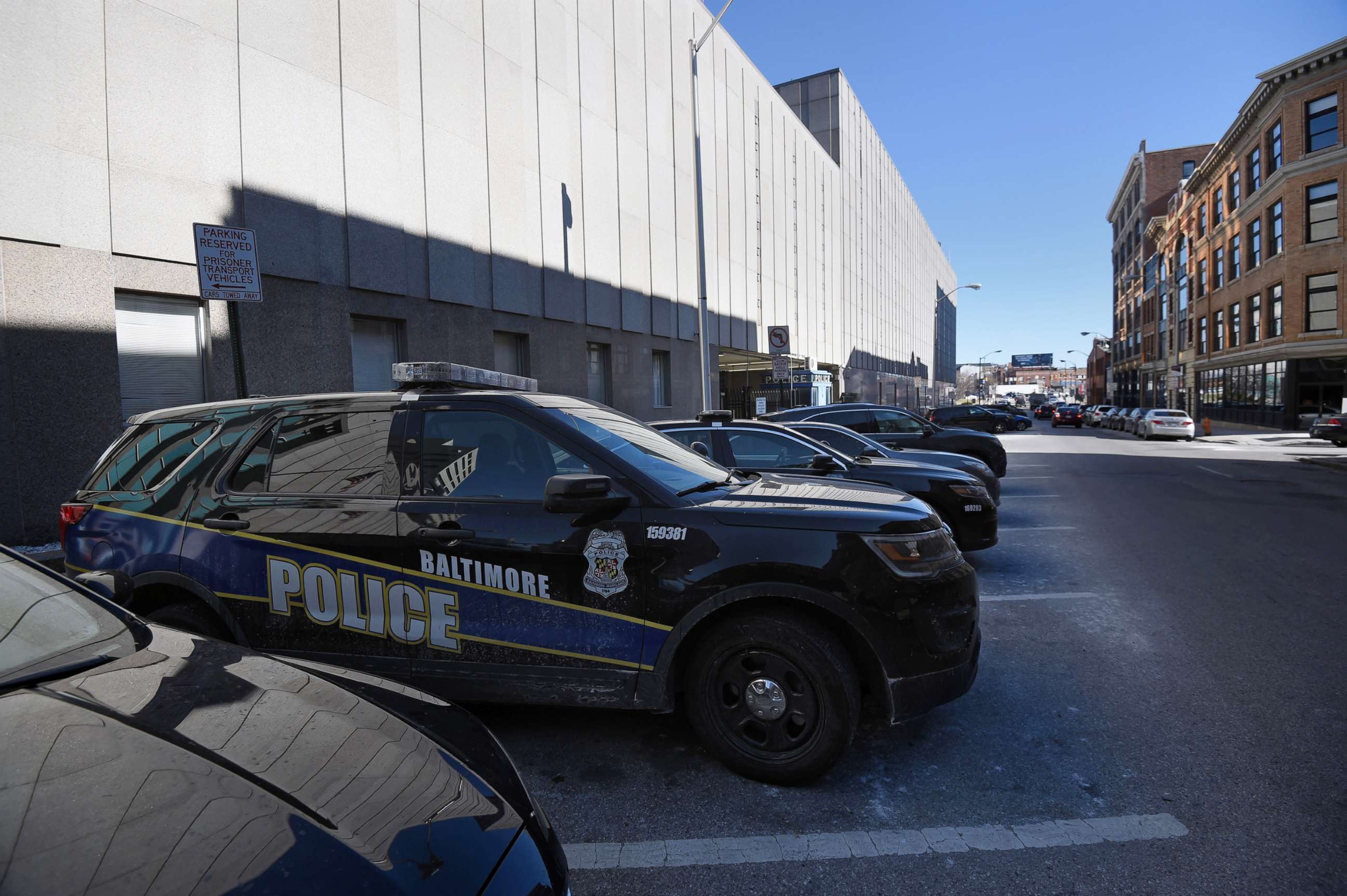 PHOTO: Police cars are parked outside the Bishop L. Robinson Sr. building, Baltimore Police headquarters, Jan. 19, 2018.