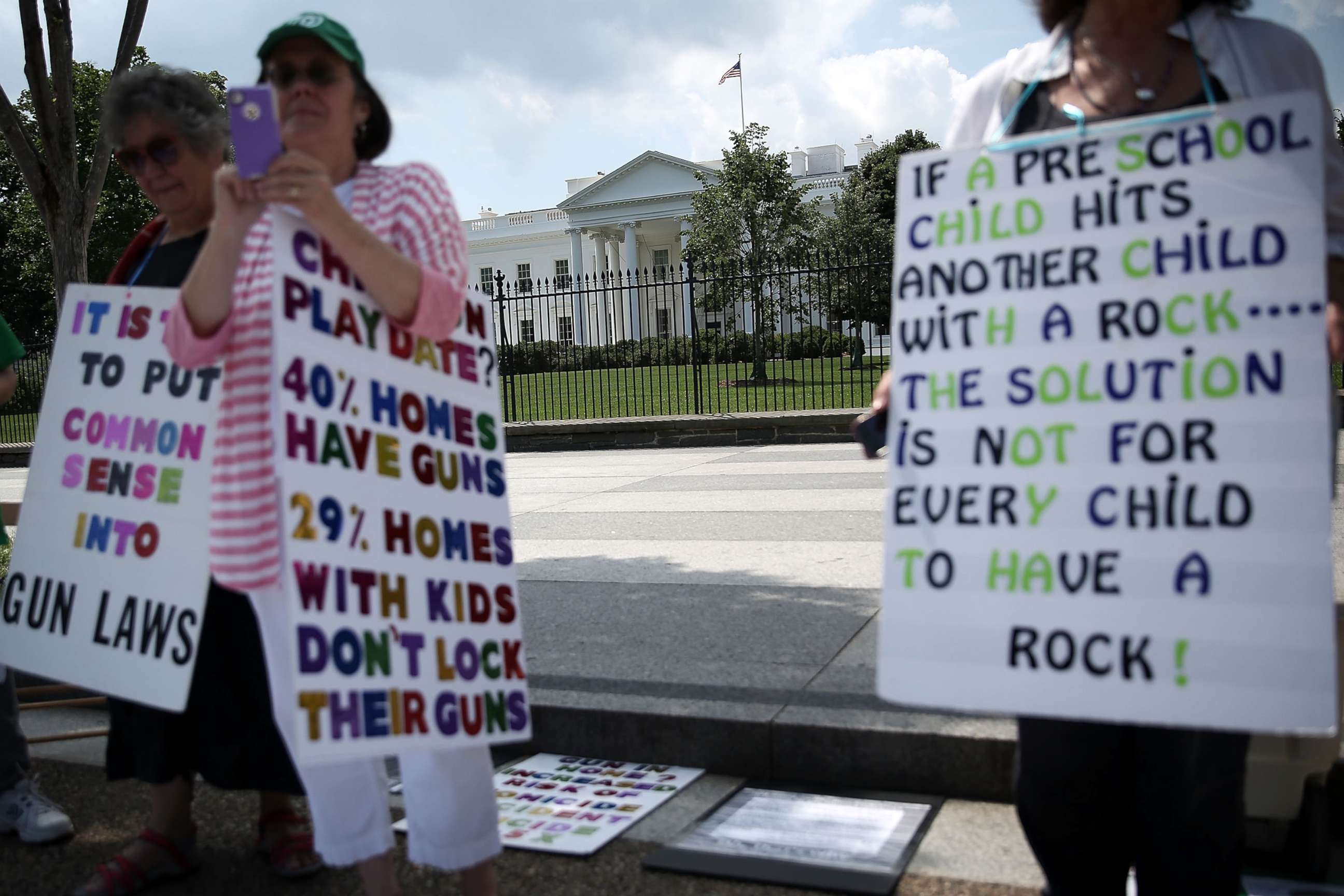PHOTO: Linda Finkel-Talvadkar, Helen Ramsey, and Barbara Elsas, hold signs during a gun control demonstration in front of the White House, June 17, 2013. 