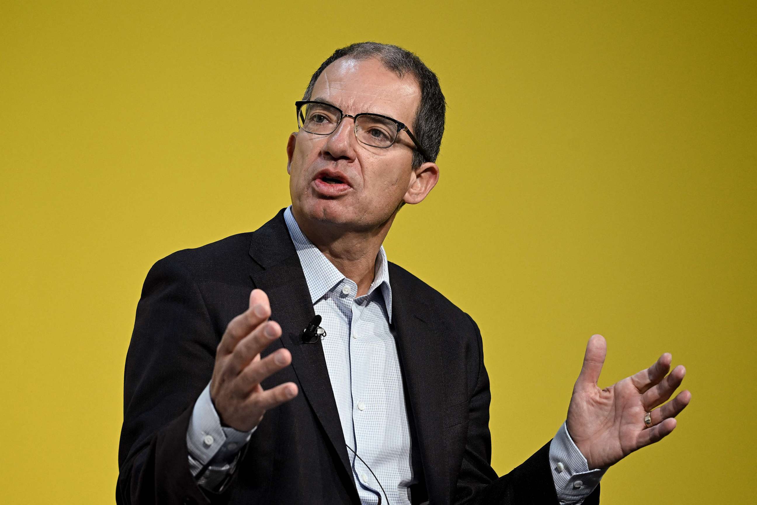 PHOTO: Moderna pharmaceutical and biotechnology company's CEO Stephane Bancel speaks during a session of the World Economic Forum (WEF) annual meeting in Davos, Jan. 18, 2023.