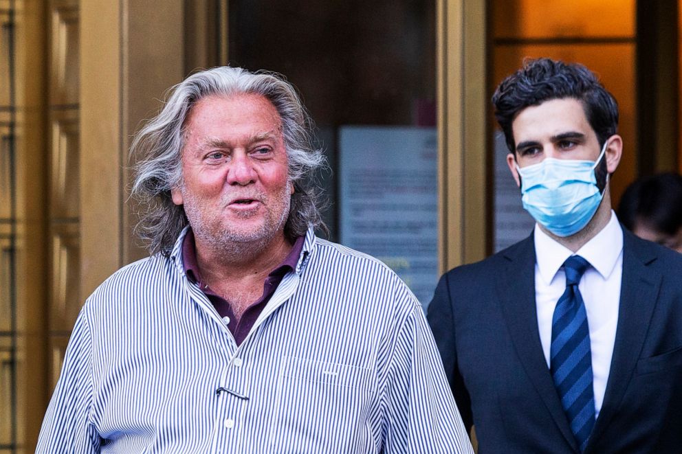 PHOTO: President Donald Trump's former chief strategist Steve Bannon exits court after pleading not guilty to charges that he ripped off donors to an online fundraising scheme to build a southern border wall, Thursday, Aug. 20, 2020, in New York.