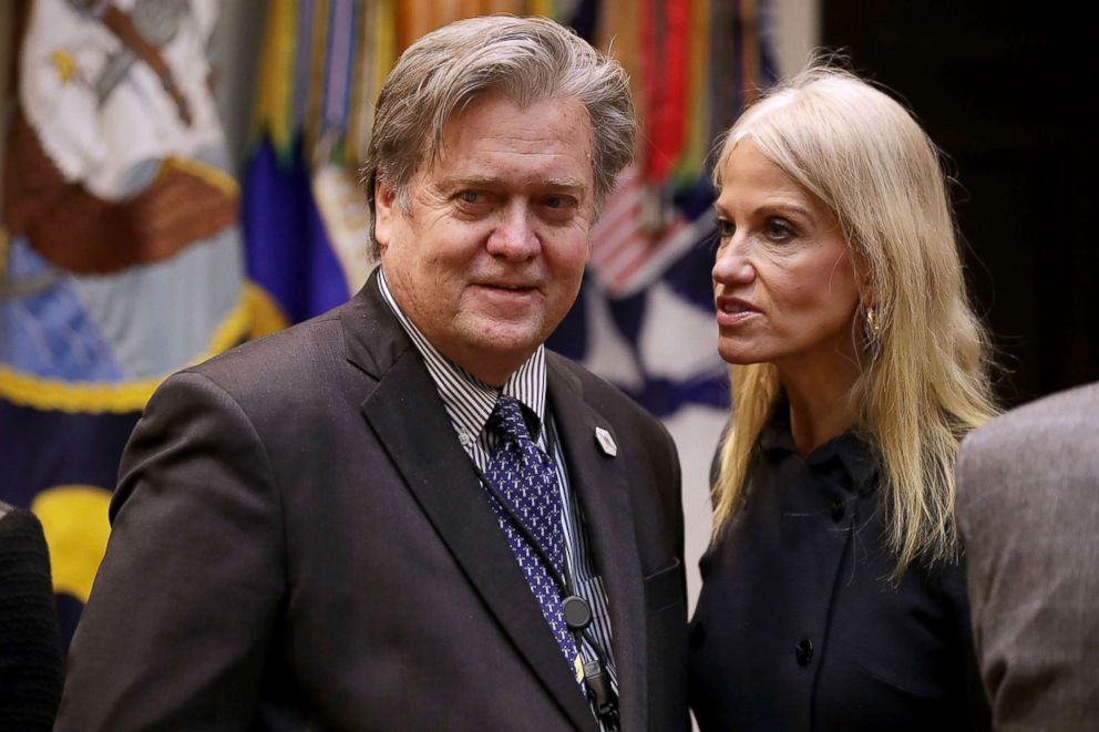 PHOTO: Steve Bannon and Kellyanne Conway wait for the arrival of President Donald Trump for a meeting on cyber security in the Roosevelt Room at the White House, Jan. 31, 2017.