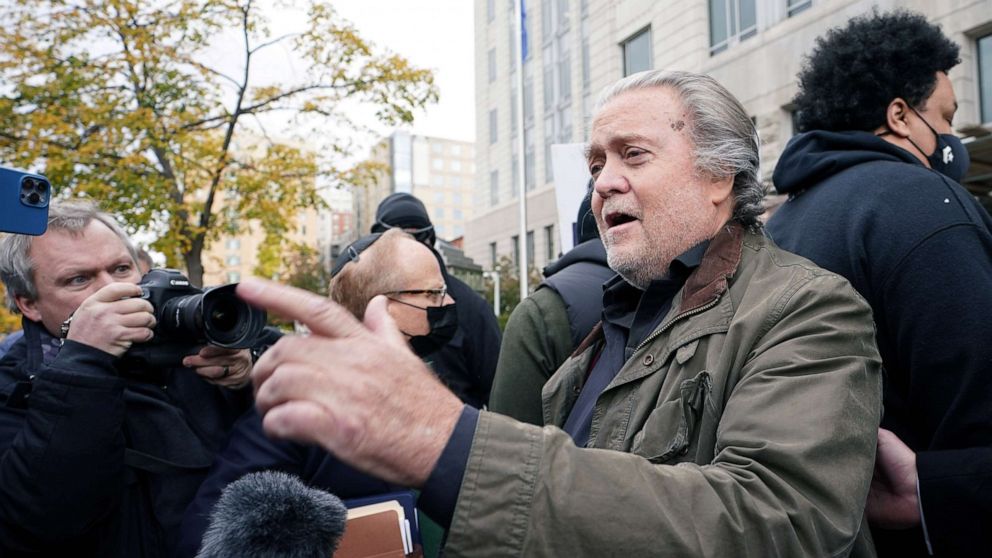 PHOTO: Steve Bannon, talk show host and former White House advisor to former President Donald Trump, speaks to media as he arrives at the FBI's Washington field office to turn himself in to federal authorities in Washington, Nov. 15, 2021.