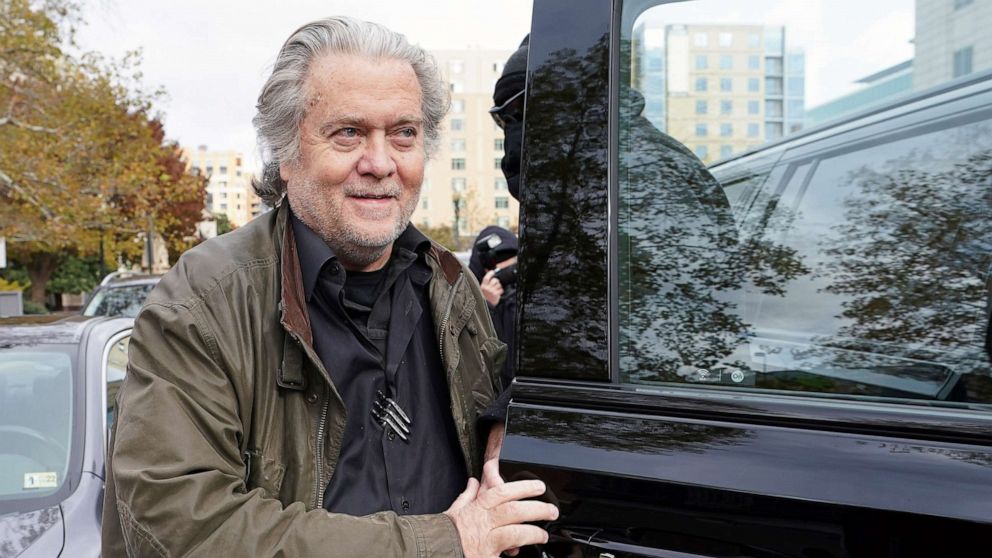 PHOTO: Steve Bannon, talk show host and former White House advisor to former President Donald Trump, arrives at the FBI's Washington field office to turn himself in to federal authorities in Washington, Nov. 15, 2021.
