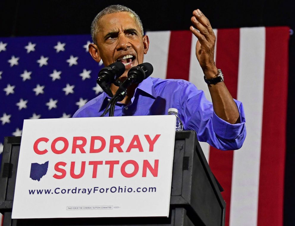 PHOTO: Former President Barack Obama speaks as he campaigns in support of Ohio gubernatorial candidate Richard Cordray, Sept. 13, 2018, in Cleveland.